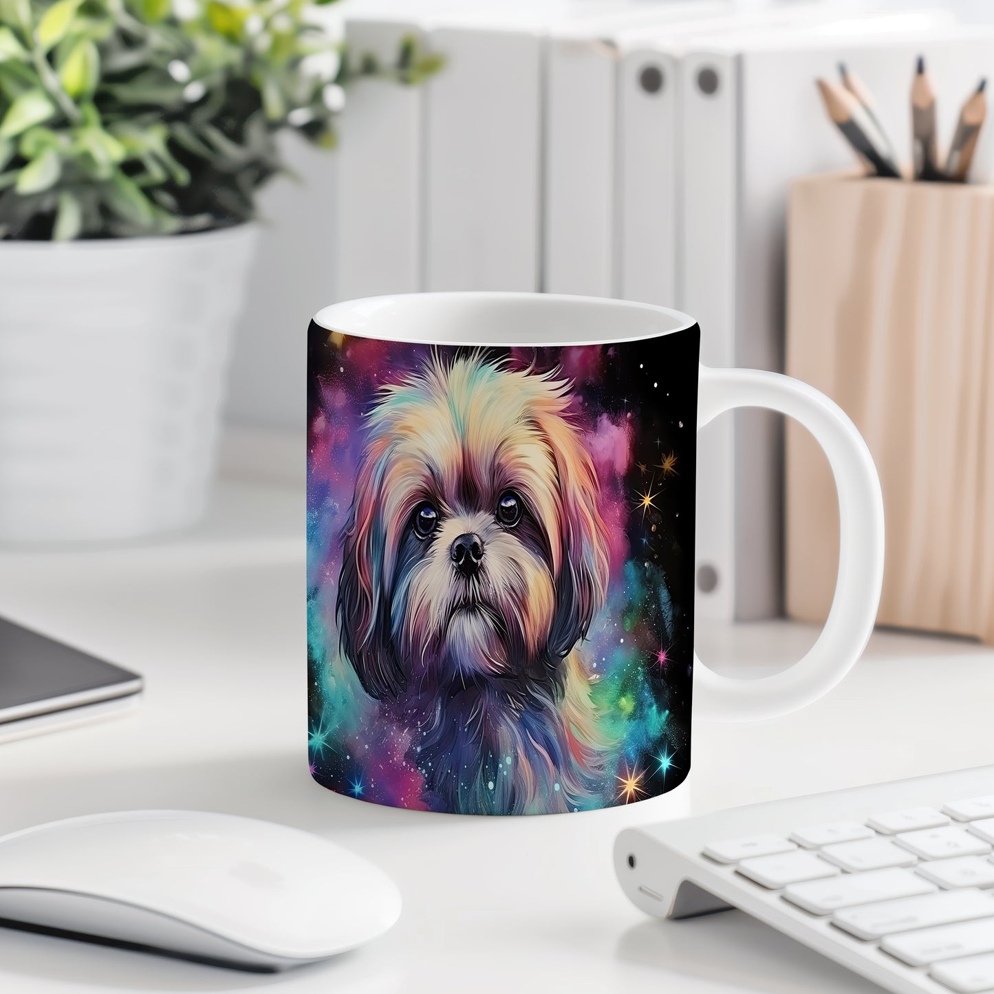 Hrnek s barevným shihtzu na galaktickém pozadí