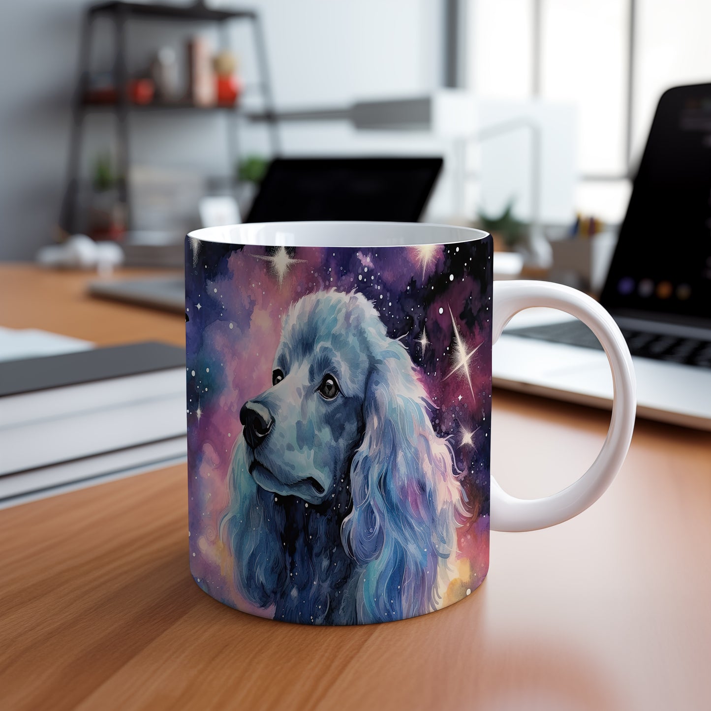Hrnek s modrým pudlem a galaxií