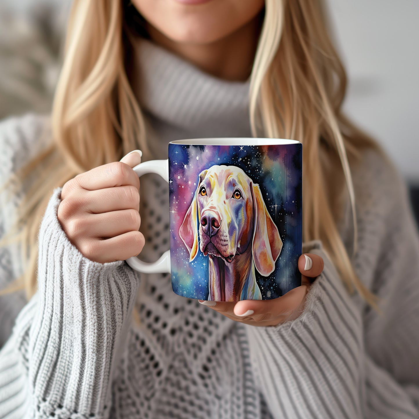 Hrnek se psem plemene vizsla a vesmírným kouzlem