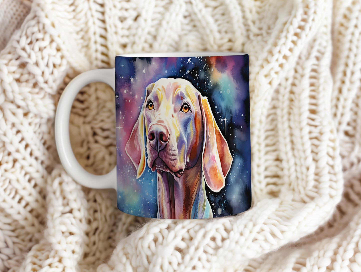 Hrnek se psem plemene vizsla a vesmírným kouzlem