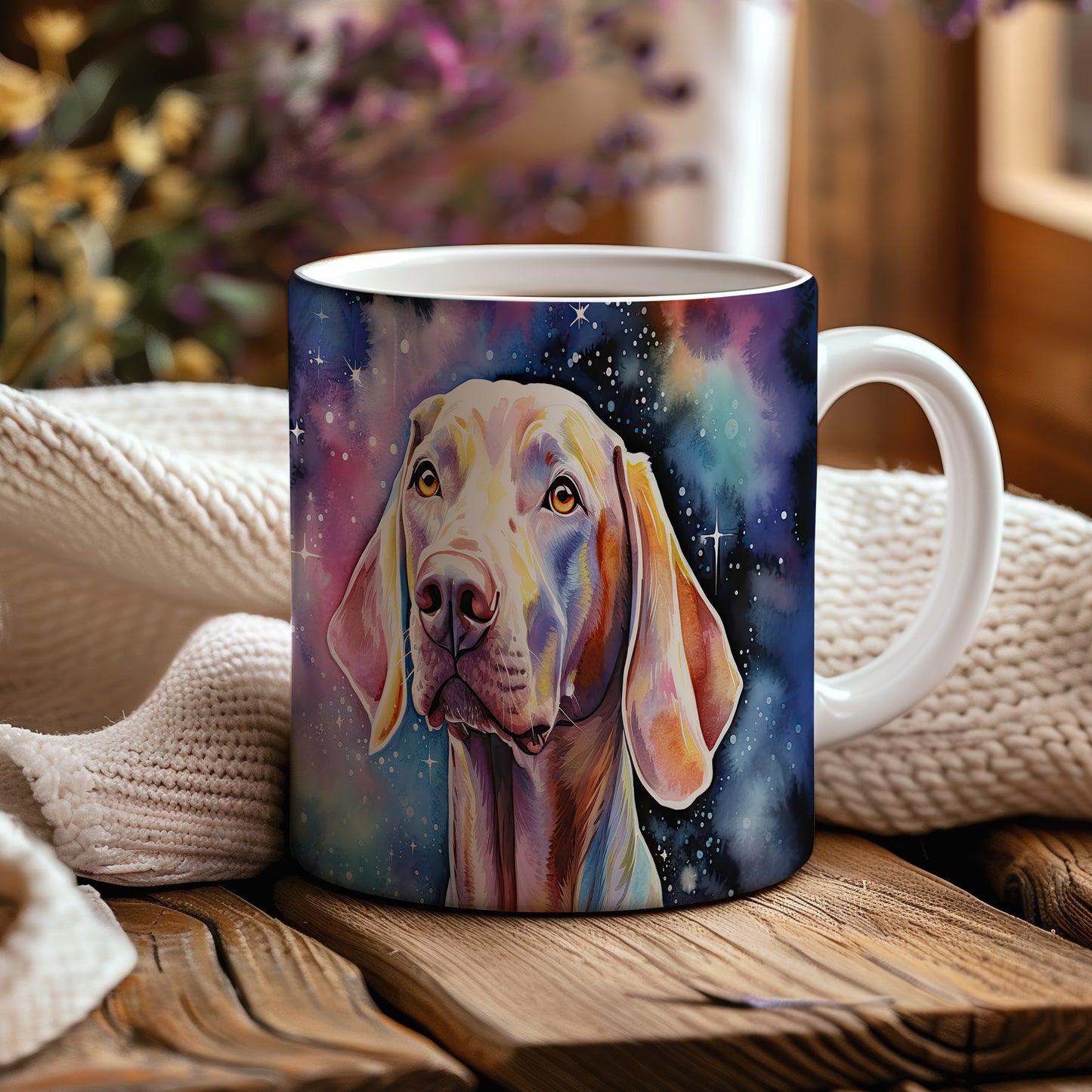 Hrnek se psem plemene vizsla a vesmírným kouzlem