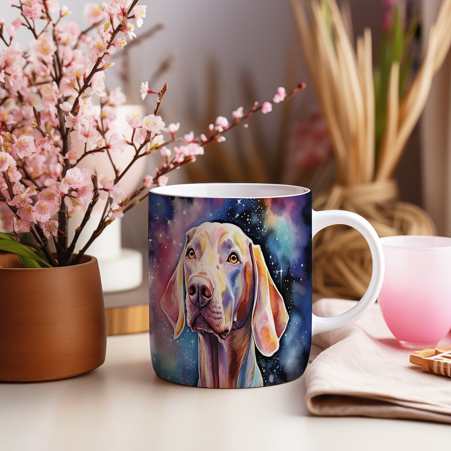 Hrnek se psem plemene vizsla a vesmírným kouzlem
