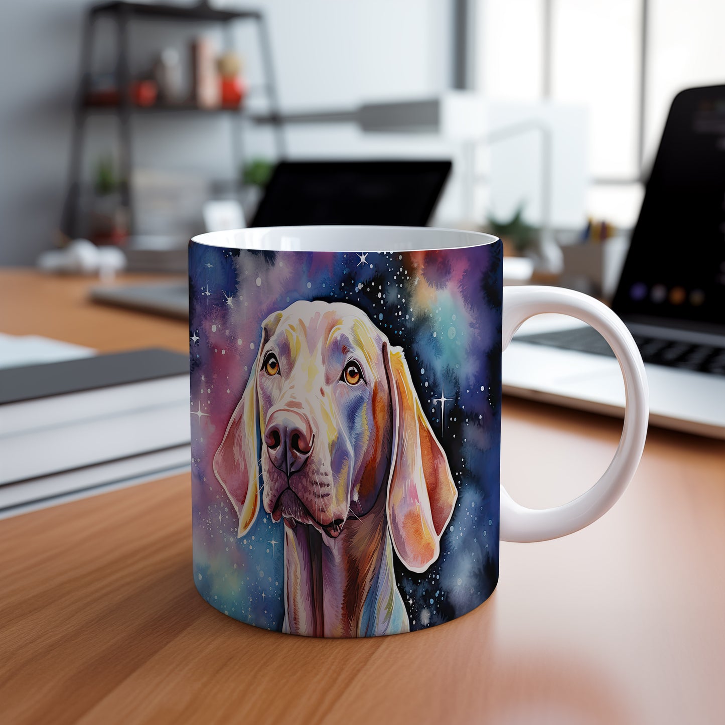 Hrnek se psem plemene vizsla a vesmírným kouzlem