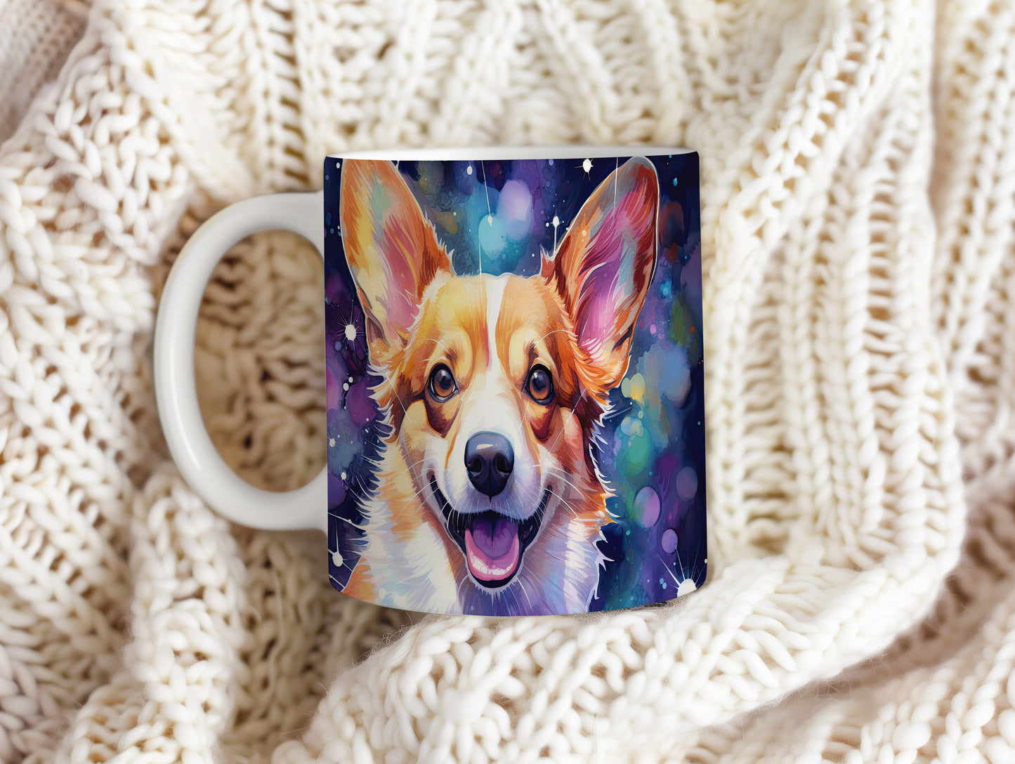 Hrnek s corgi ovčákem a barevným vesmírem