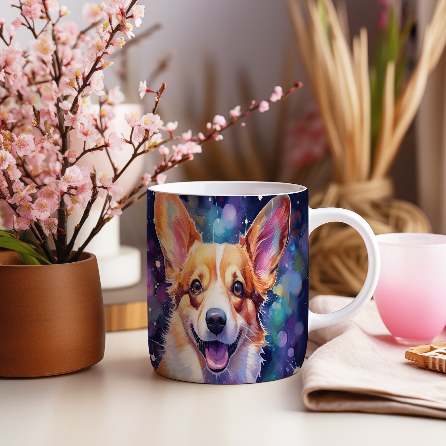 Hrnek s corgi ovčákem a barevným vesmírem
