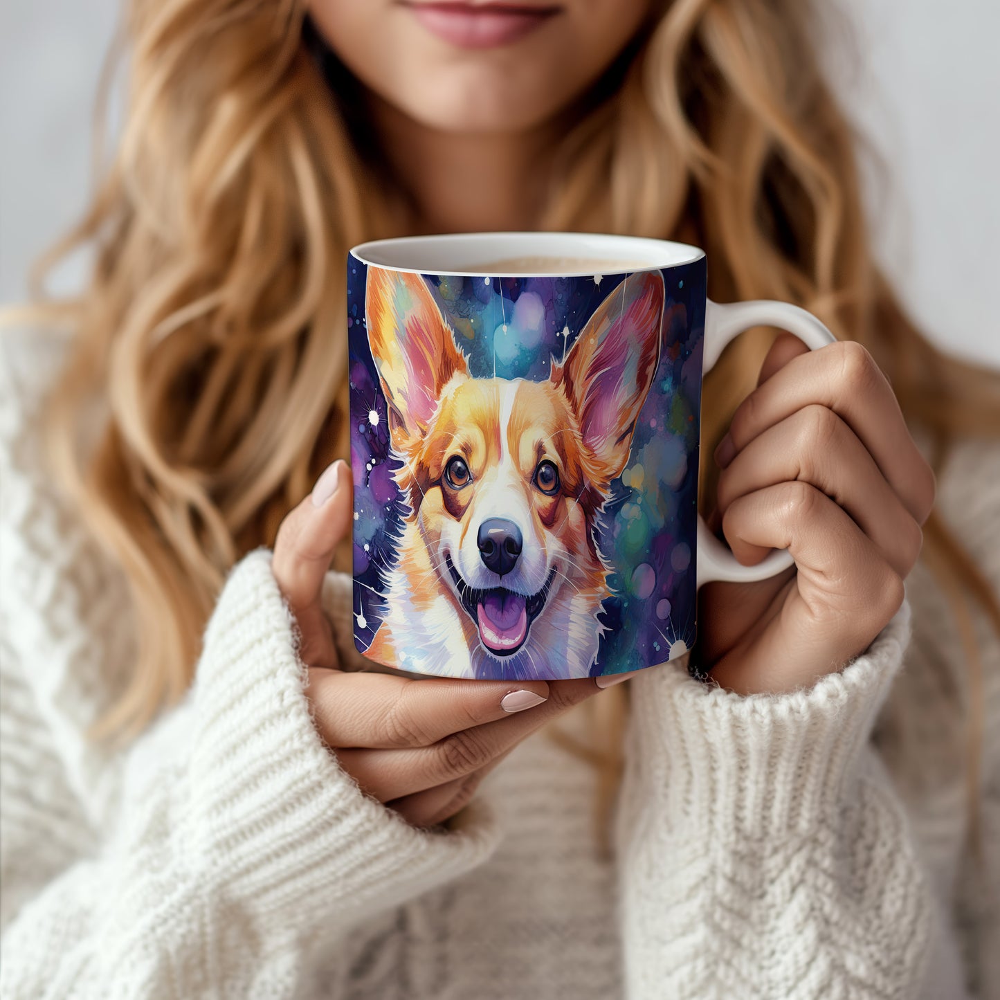 Hrnek s corgi ovčákem a barevným vesmírem