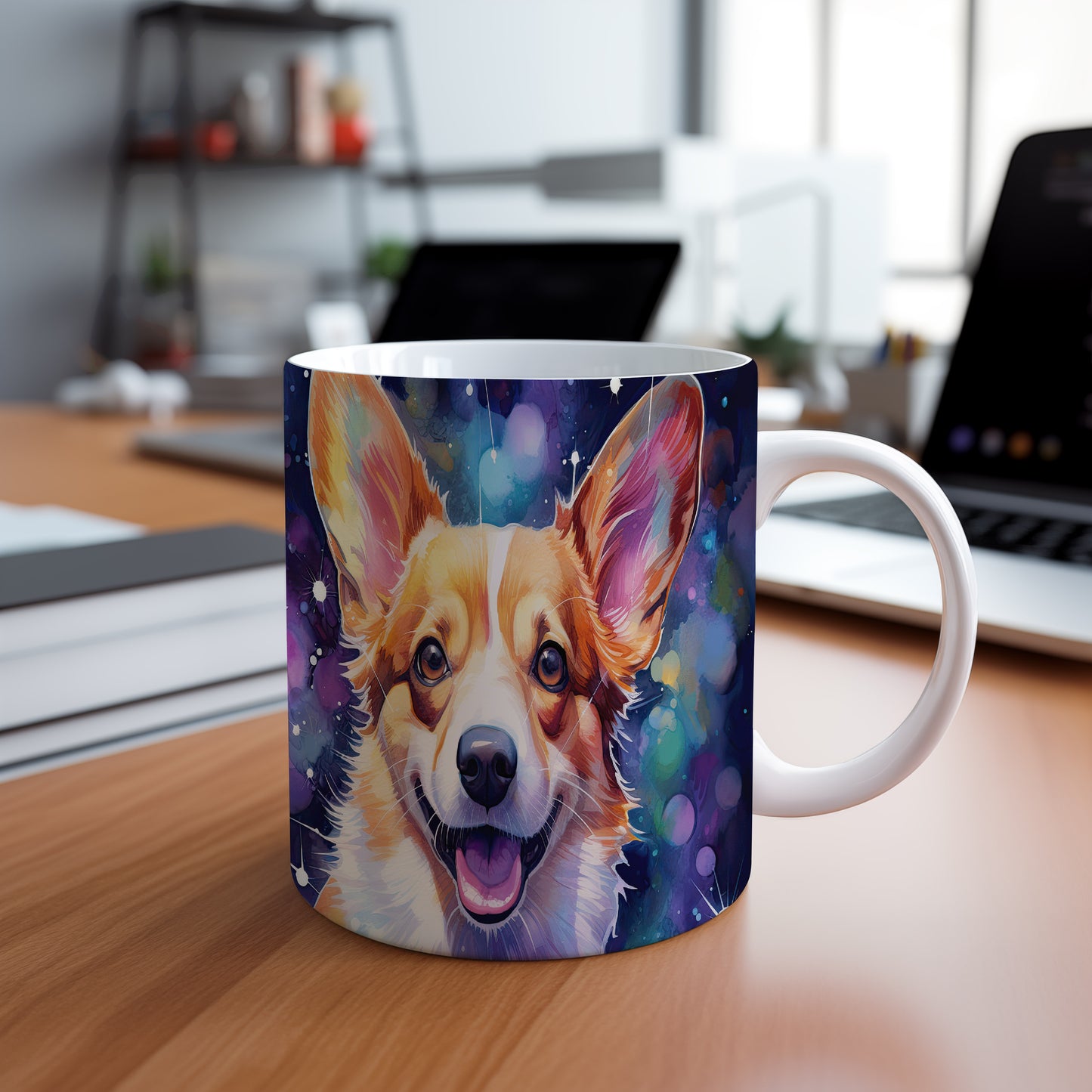 Hrnek s corgi ovčákem a barevným vesmírem
