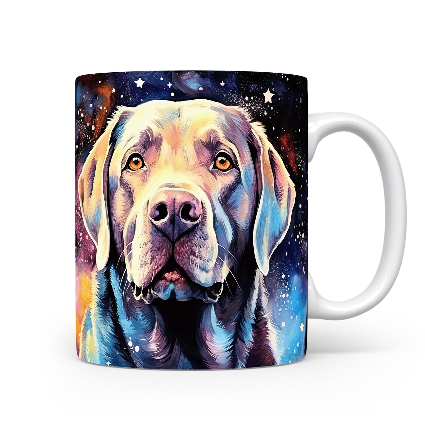 Hrnek s portrétem labradora v kosmickém stylu