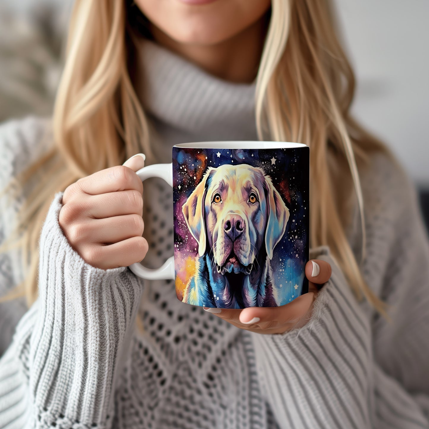 Hrnek s portrétem labradora v kosmickém stylu