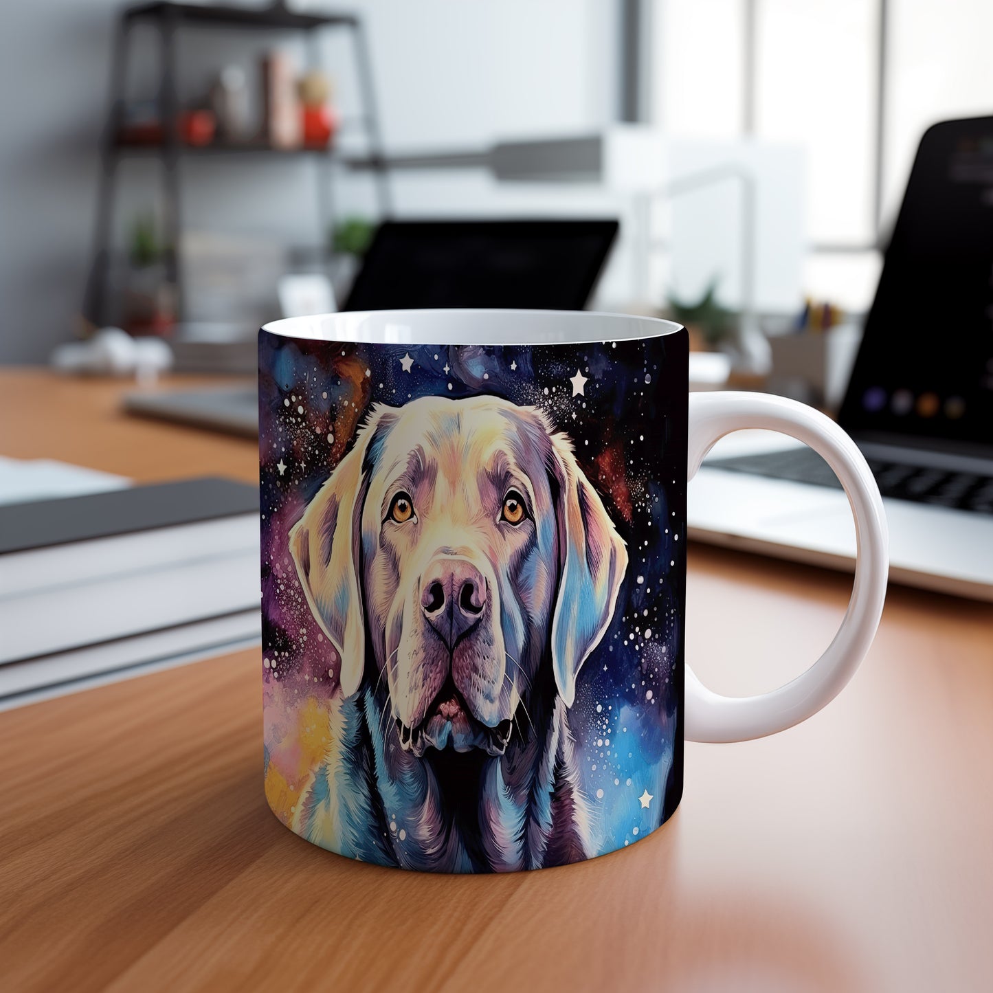 Hrnek s portrétem labradora v kosmickém stylu
