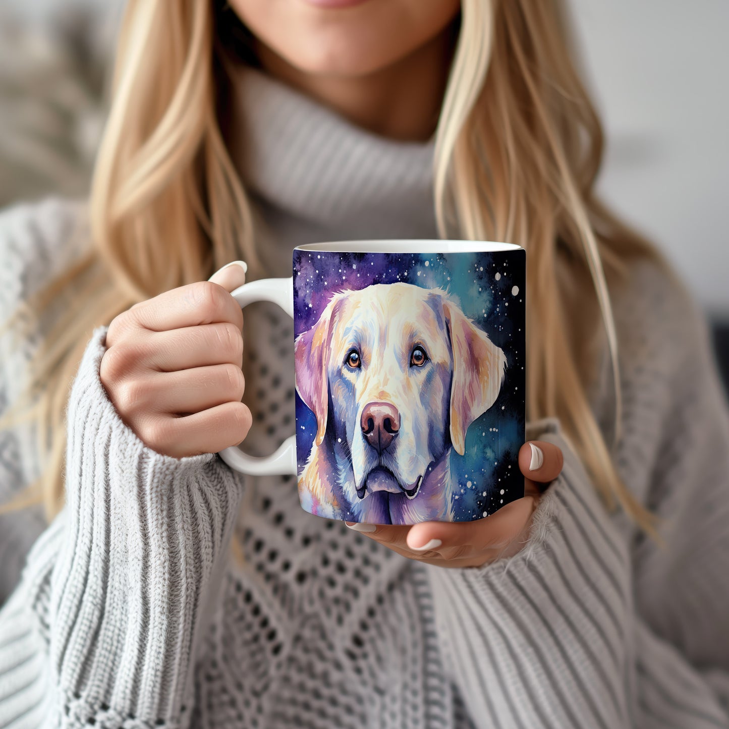 Hrnek s labradorem na pozadí galaxie