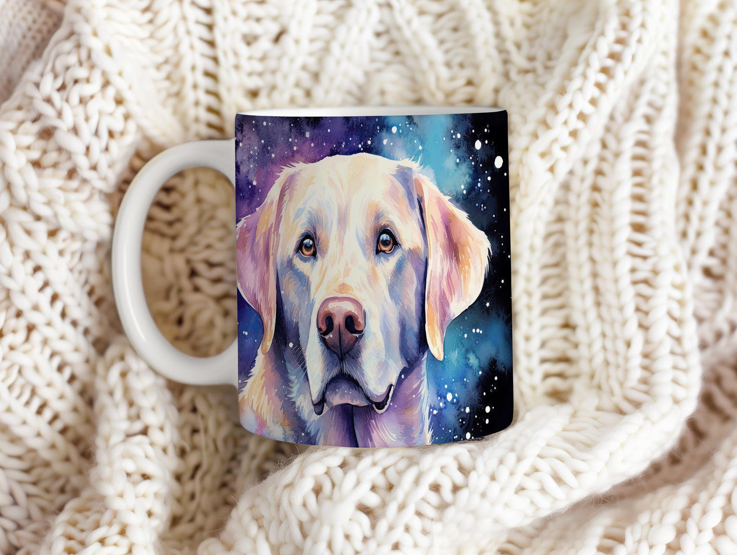 Hrnek s labradorem na pozadí galaxie