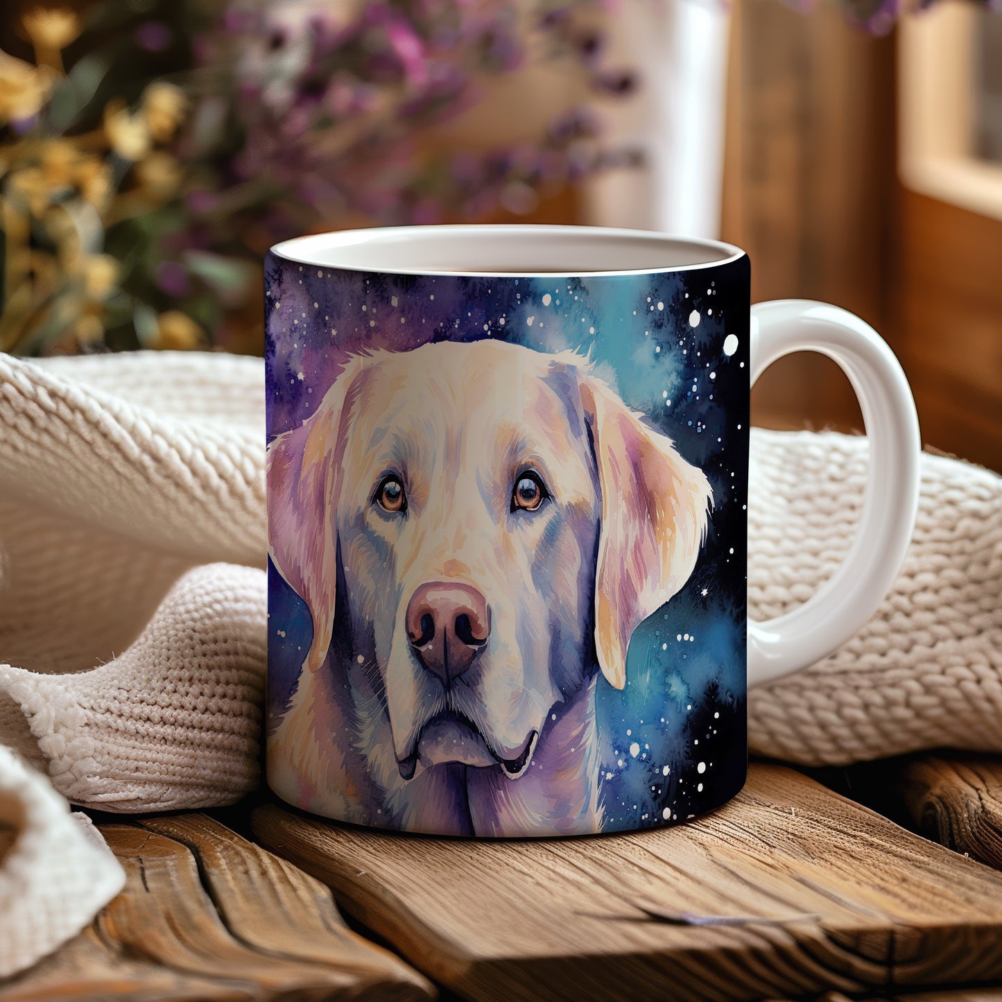 Hrnek s labradorem na pozadí galaxie