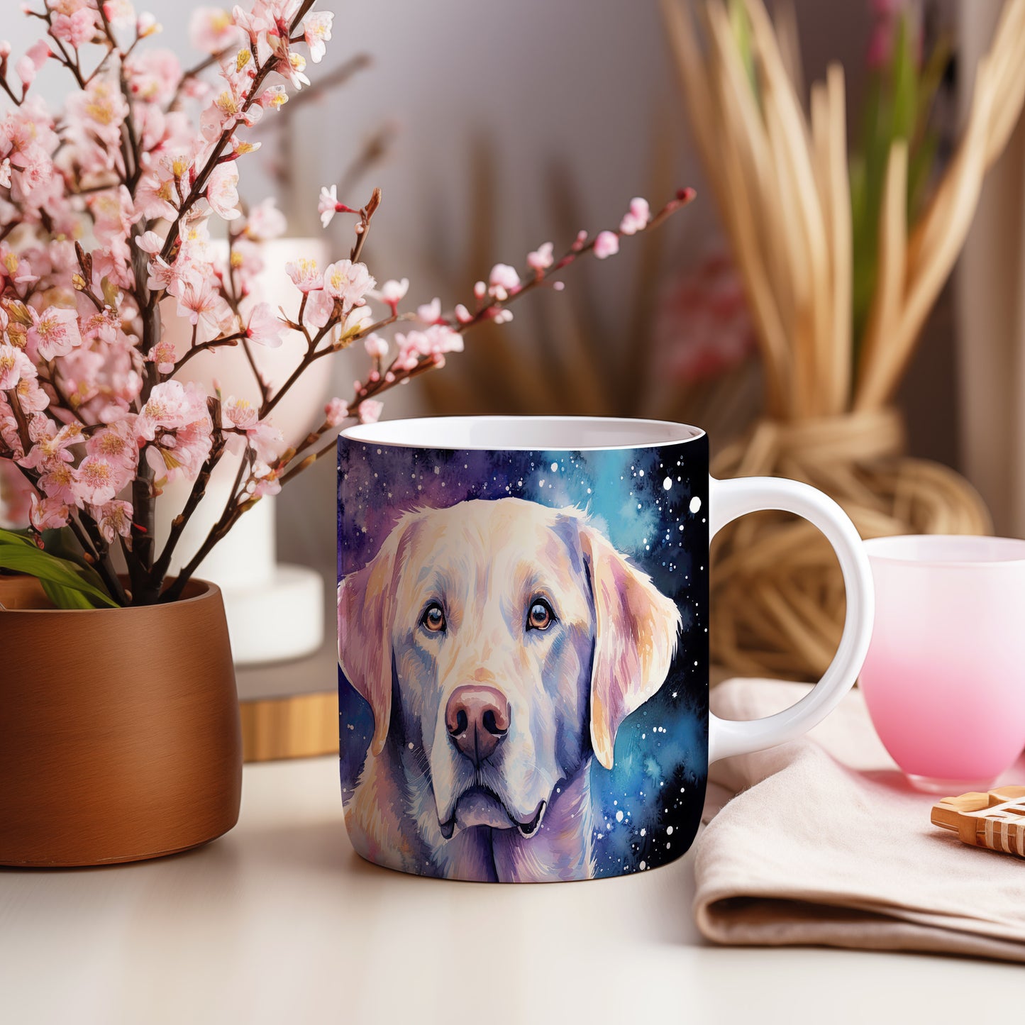 Hrnek s labradorem na pozadí galaxie