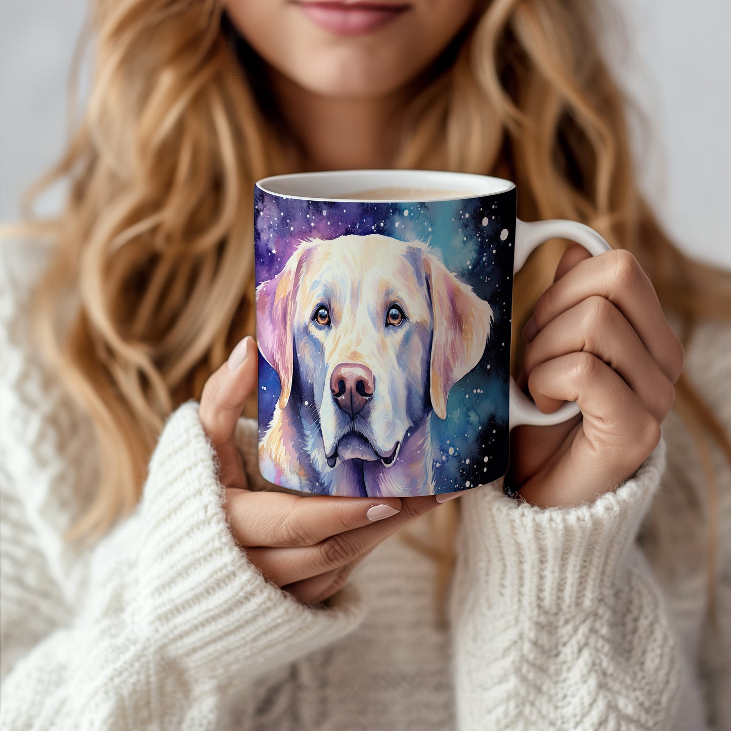 Hrnek s labradorem na pozadí galaxie