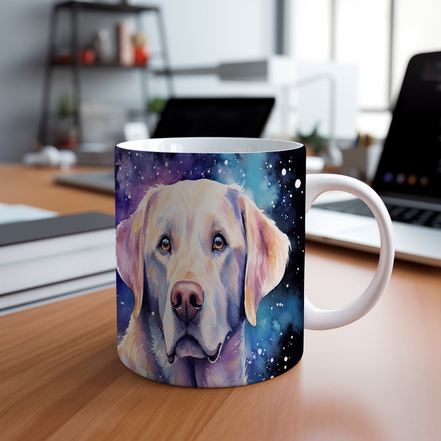 Hrnek s labradorem na pozadí galaxie