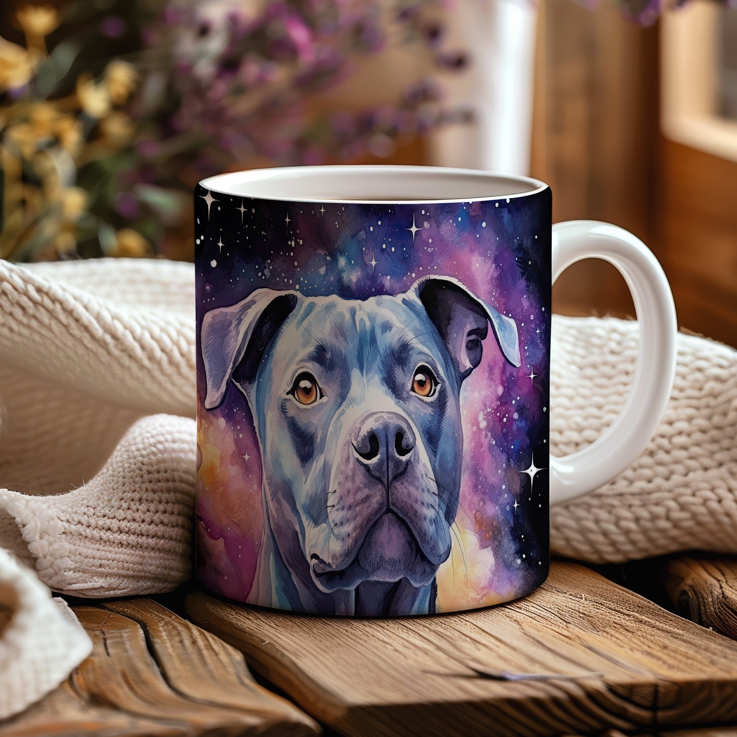 Hrnek s modrým pitbullem teriérem v galaxii