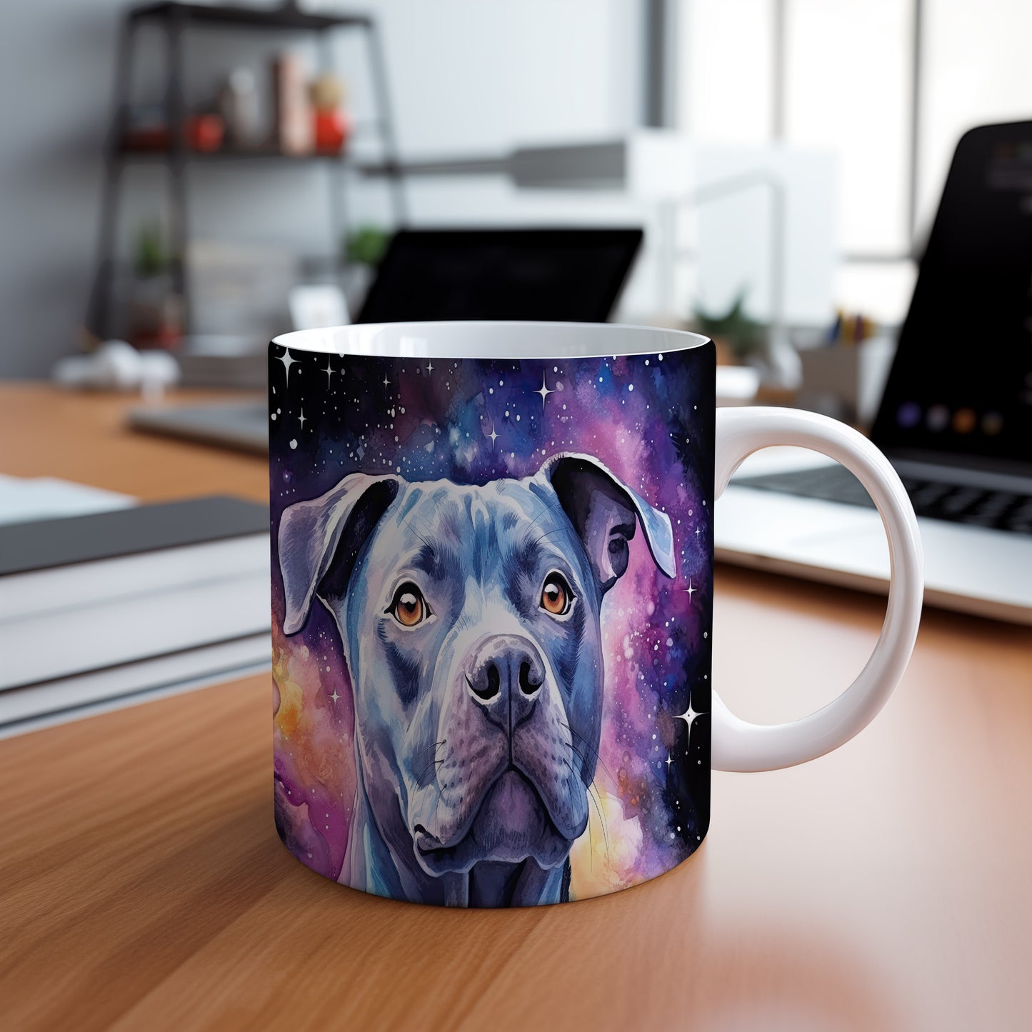 Hrnek s modrým pitbullem teriérem v galaxii