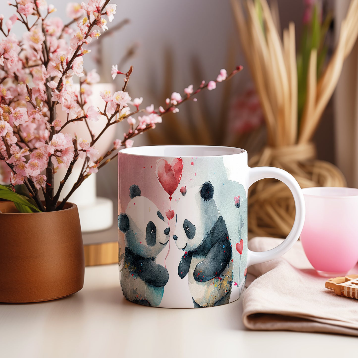 Hrnek s pandami 3D efektem – černobílým motivem