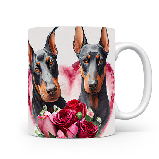 Hrnek s dobermany a květinami