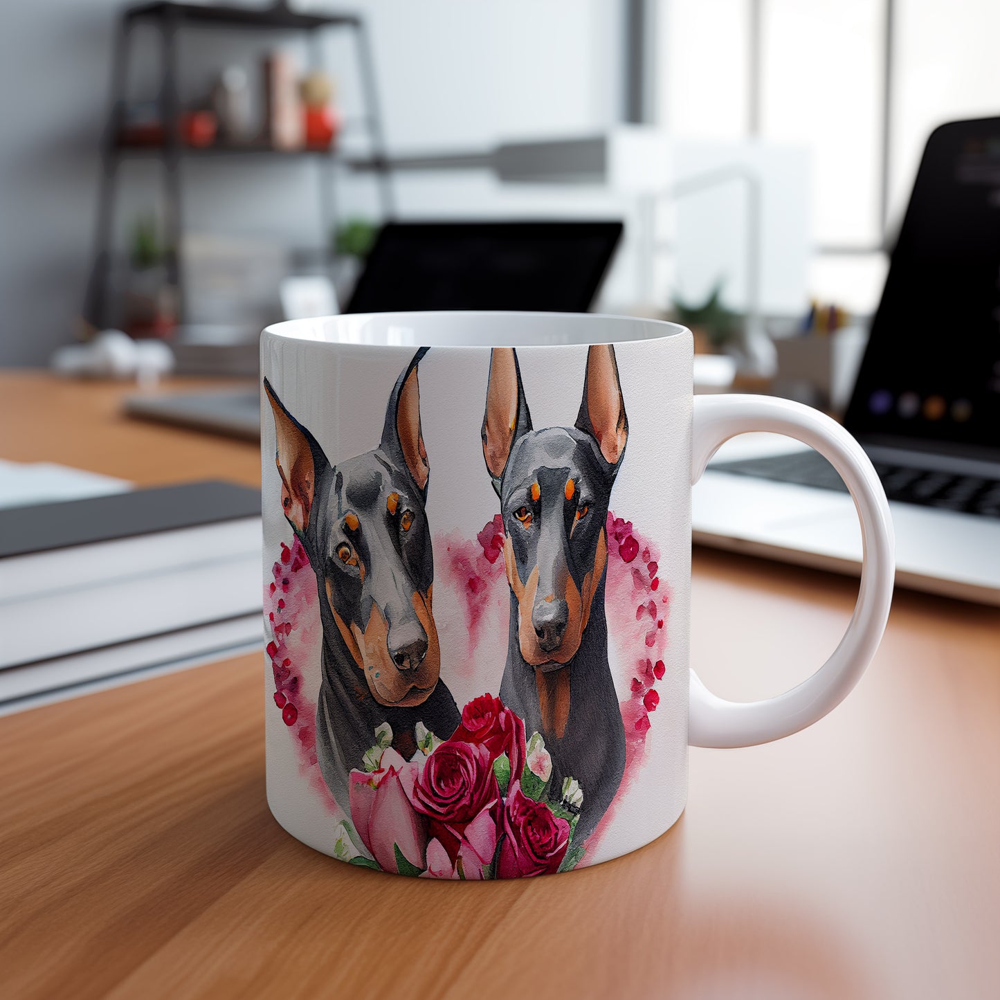 Hrnek s dobermany a květinami