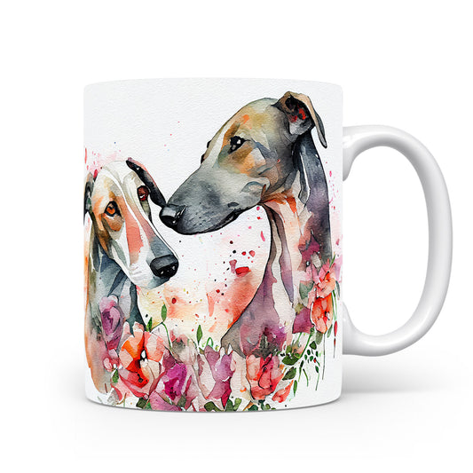 Hrnek s akvarelovými greyhoundy v květinovém designu