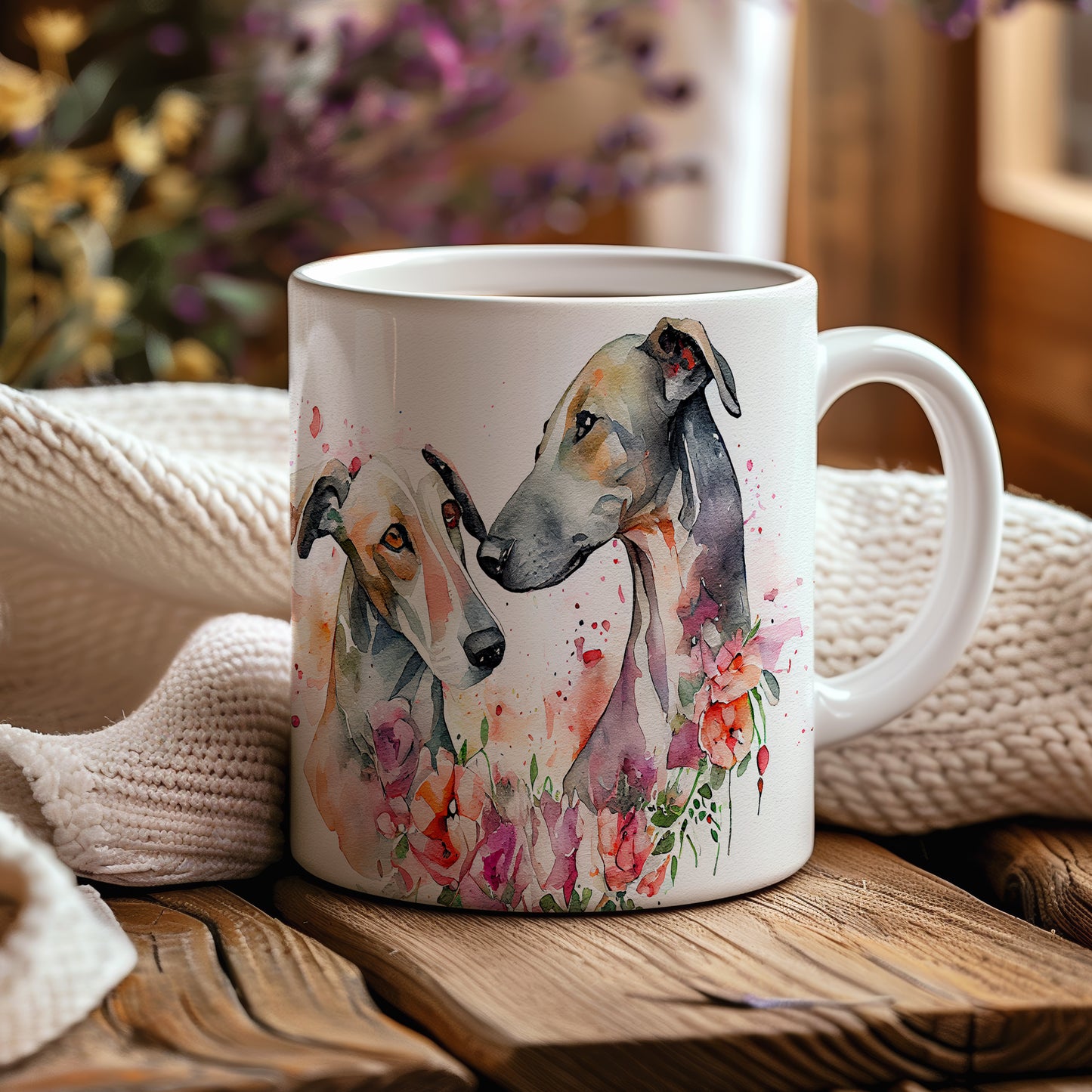 Hrnek s akvarelovými greyhoundy v květinovém designu