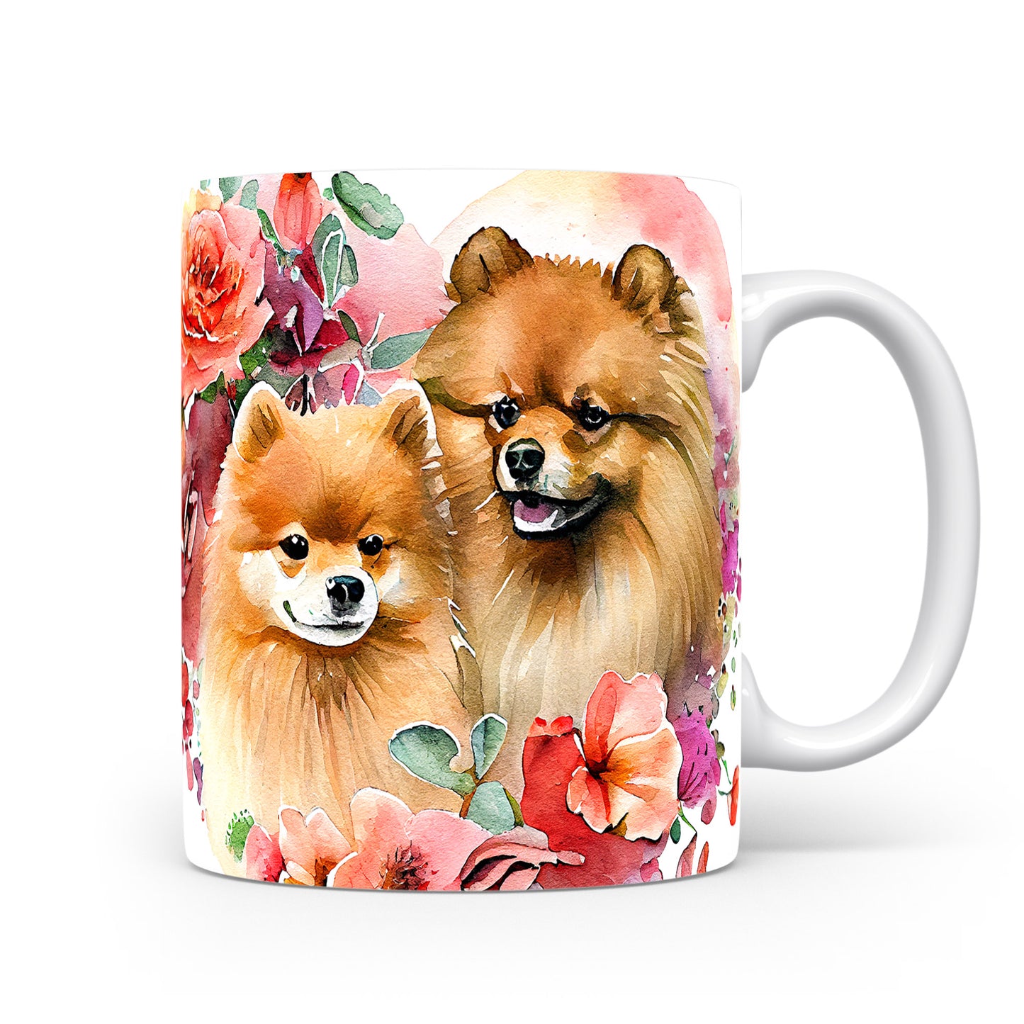 Hrnek s roztomilými pomeraniany a květinami