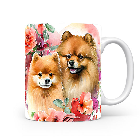 Hrnek s roztomilými pomeraniany a květinami