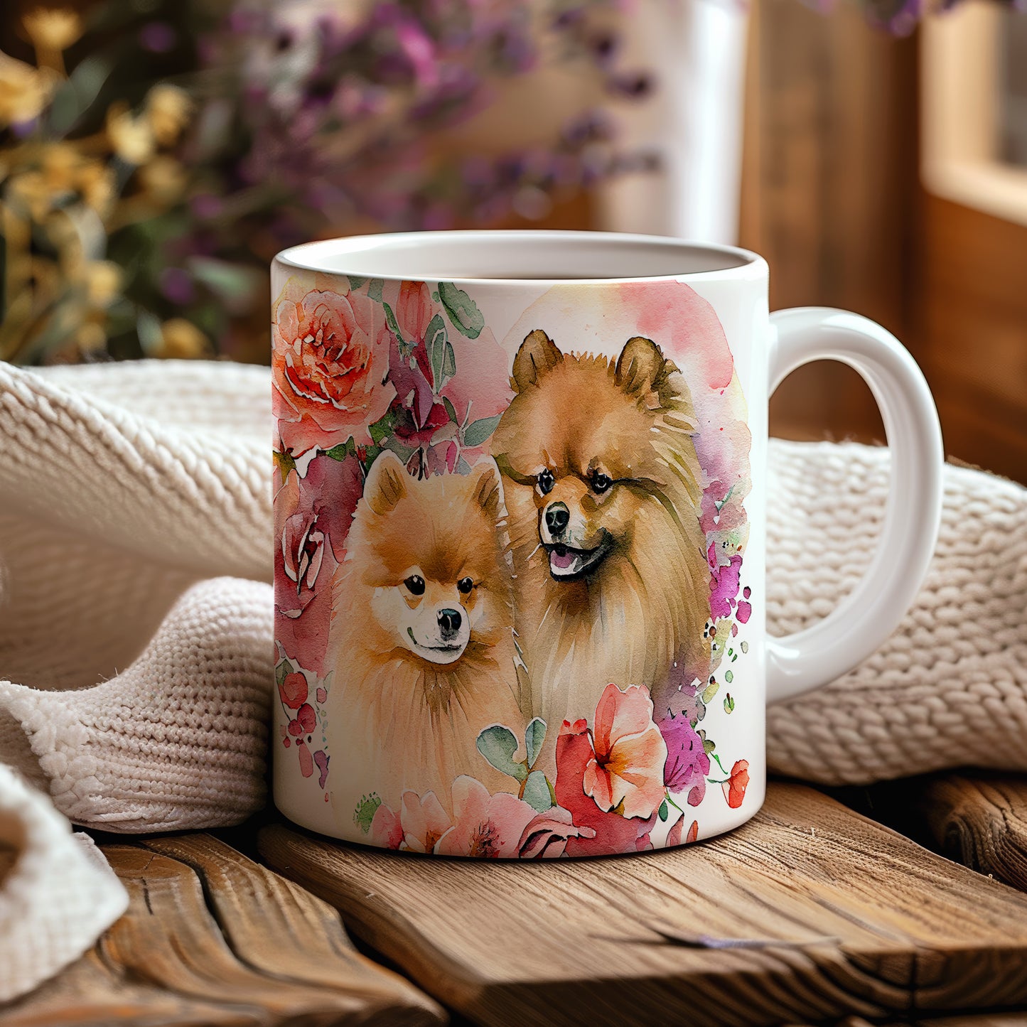 Hrnek s roztomilými pomeraniany a květinami