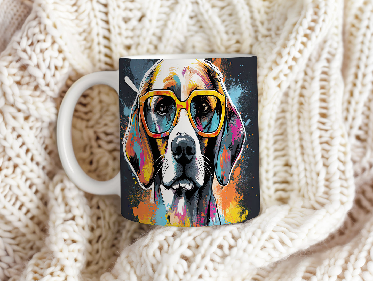 Hrnek s beagle psem a oranžovými brýlemi