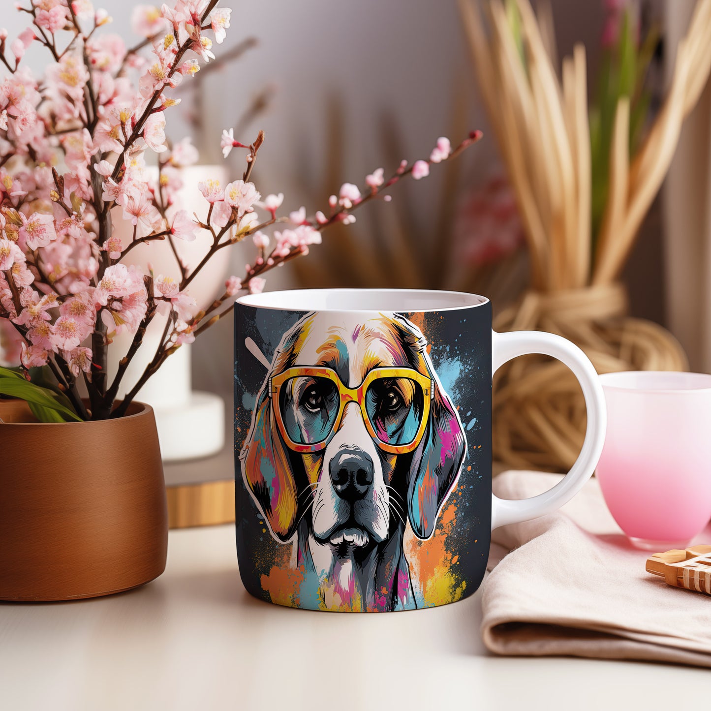 Hrnek s beagle psem a oranžovými brýlemi
