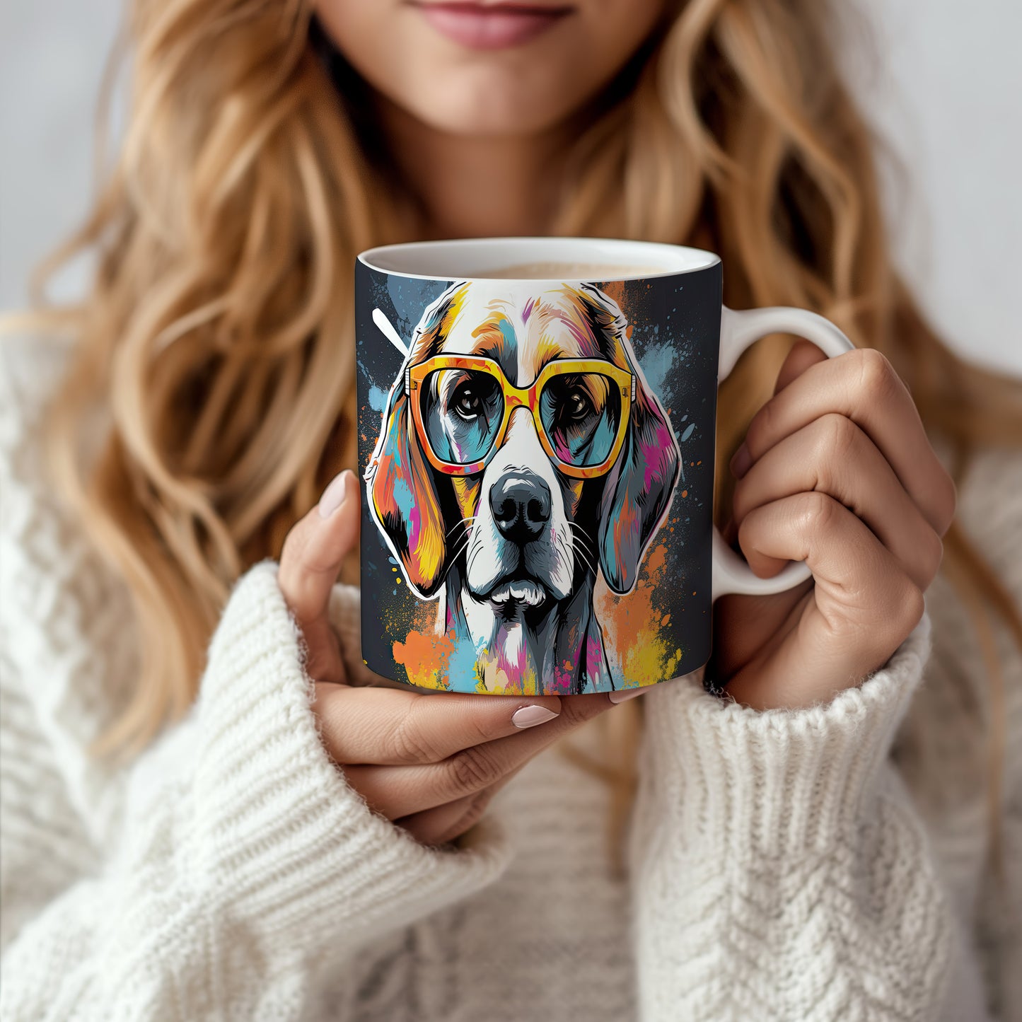 Hrnek s beagle psem a oranžovými brýlemi