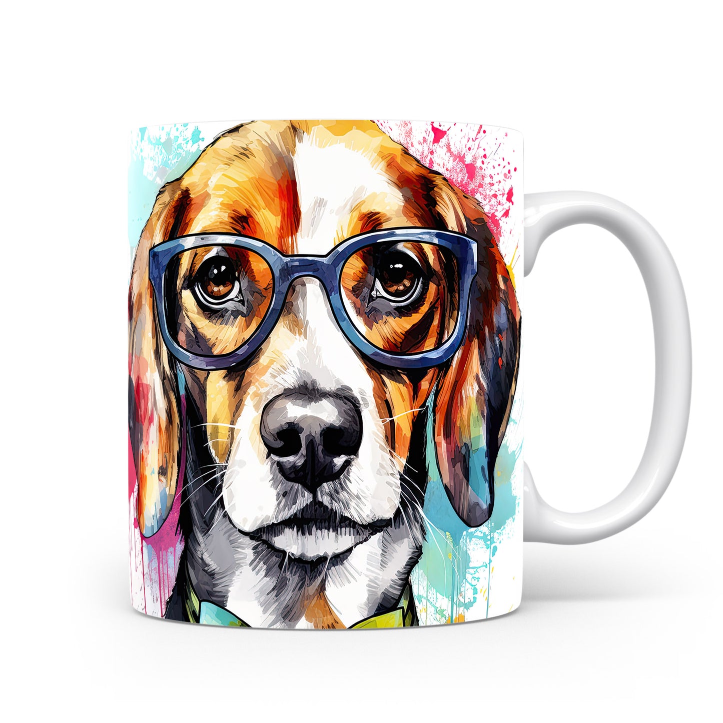 Hrnek s roztomilým beagle psem v brýlích – modrými detaily