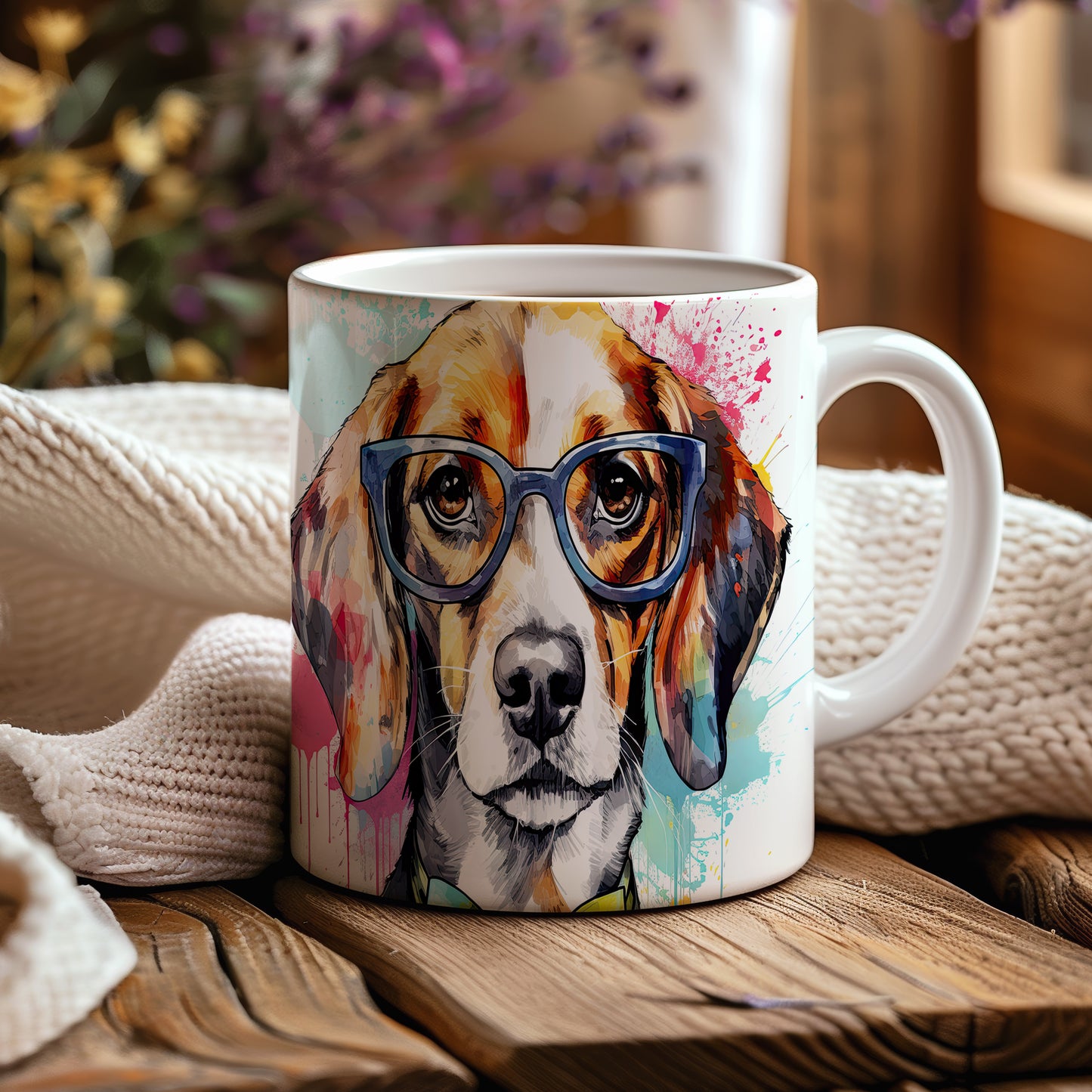 Hrnek s roztomilým beagle psem v brýlích – modrými detaily