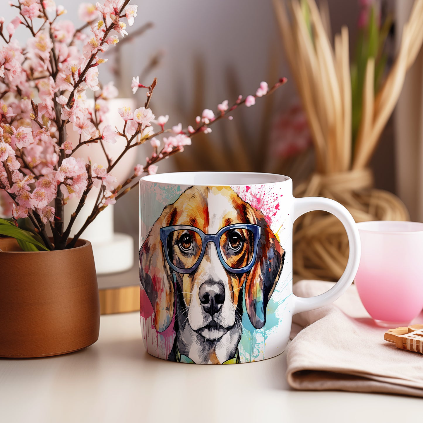 Hrnek s roztomilým beagle psem v brýlích – modrými detaily