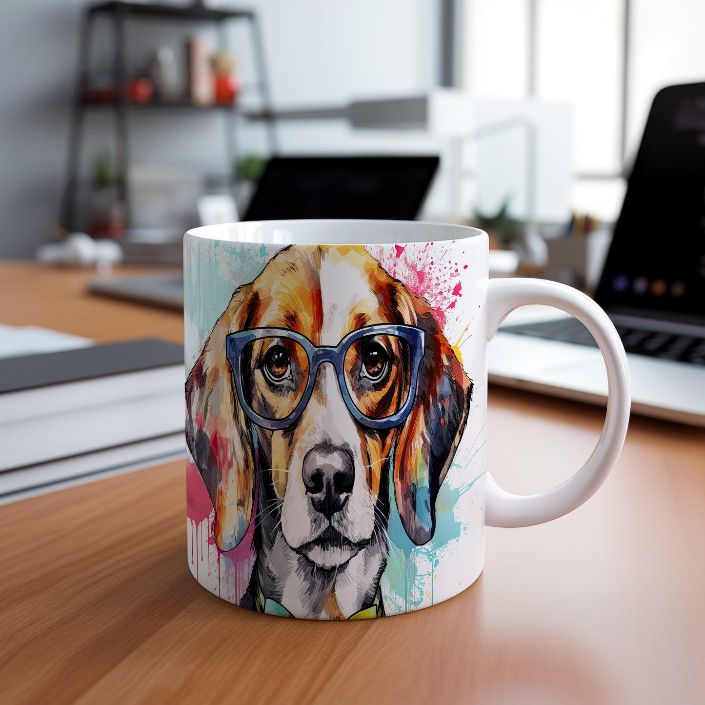 Hrnek s roztomilým beagle psem v brýlích – modrými detaily