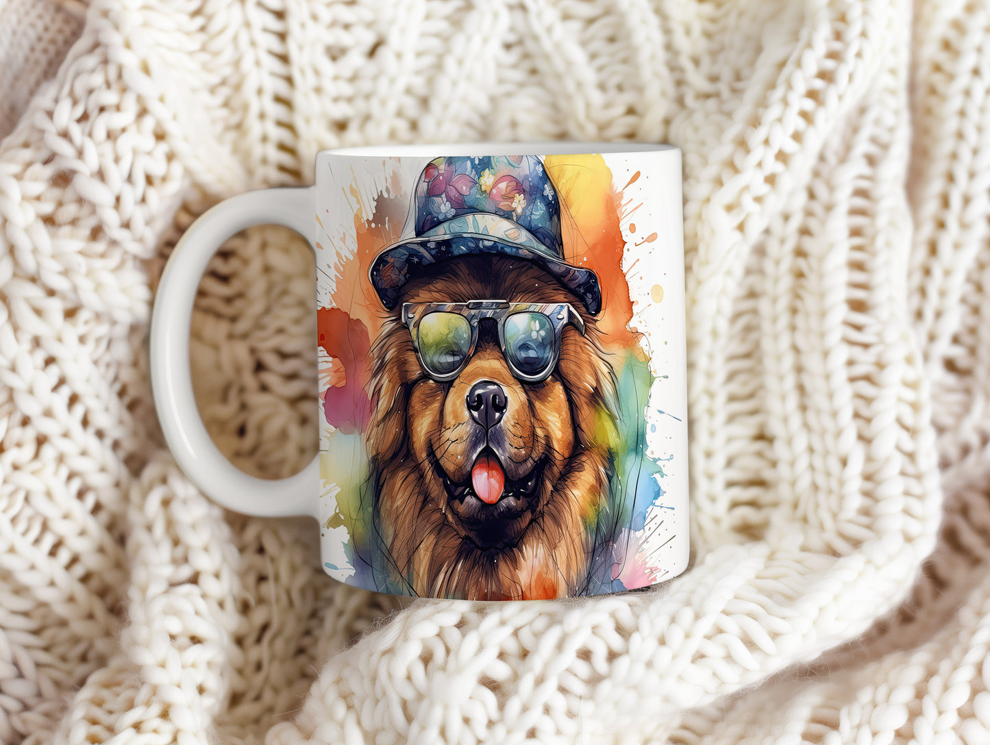 Hrnek s módním chow chow v klobouku