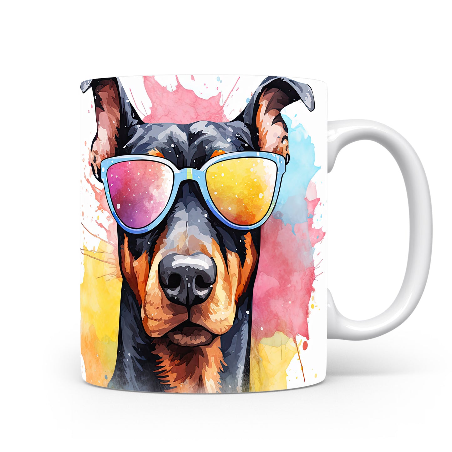 Hrnek s roztomilým dobermanem v brýlích – modrými detaily