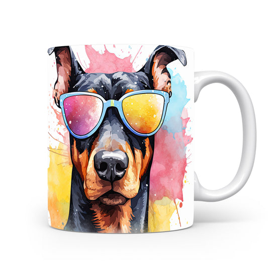 Hrnek s roztomilým dobermanem v brýlích – modrými detaily