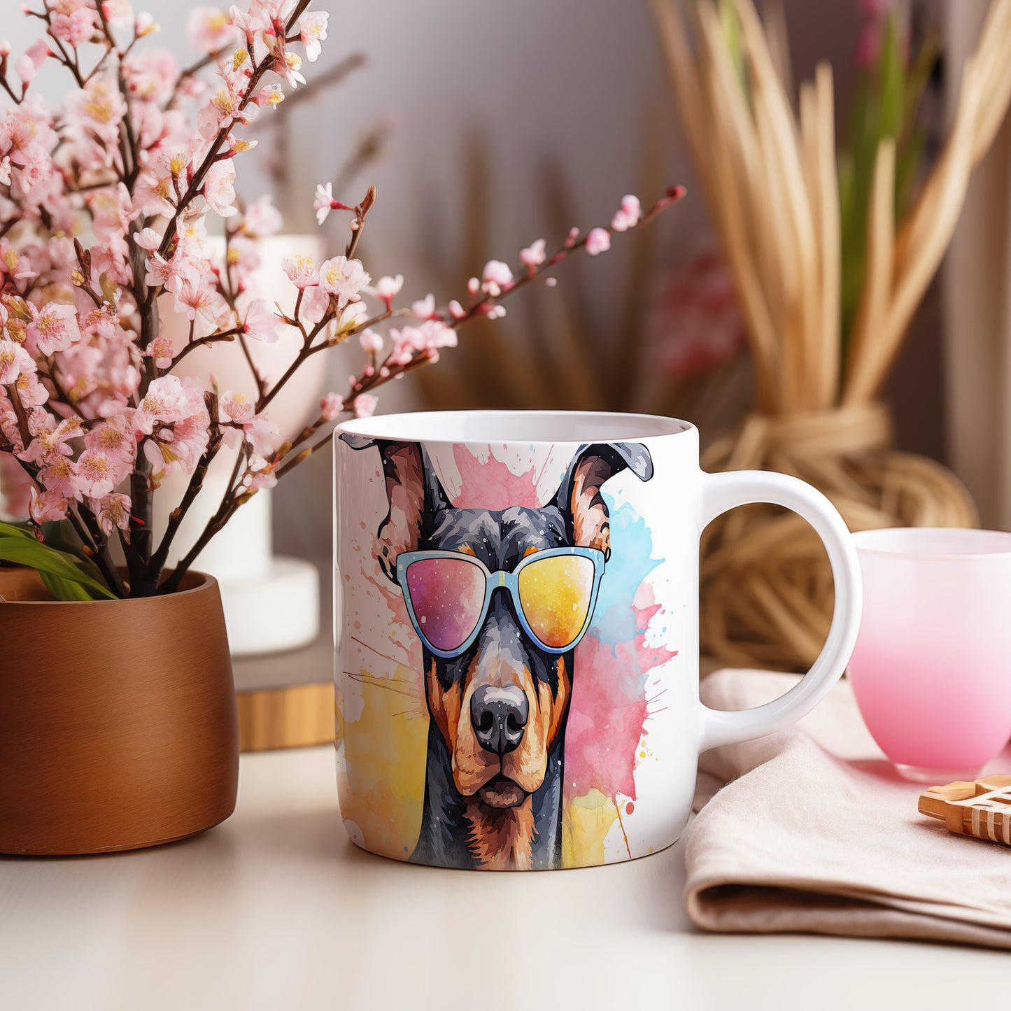 Hrnek s roztomilým dobermanem v brýlích – modrými detaily