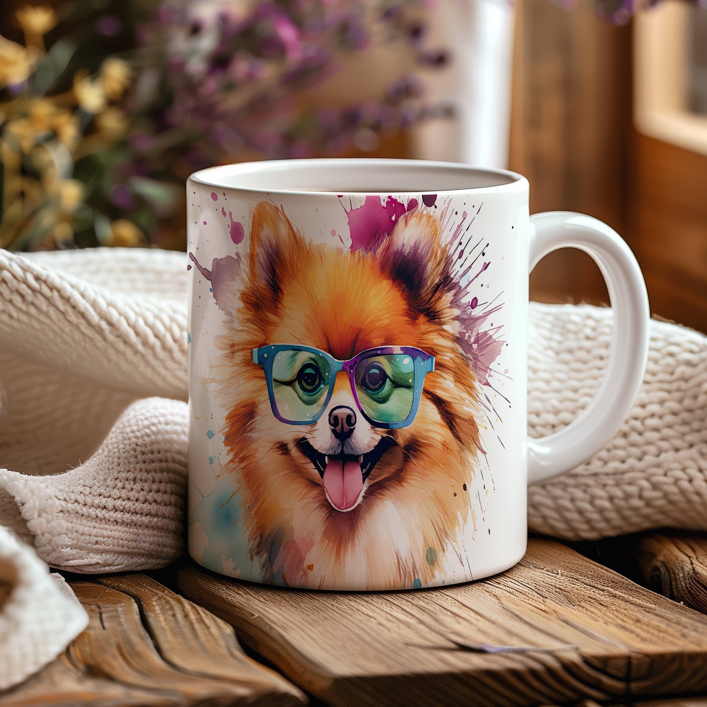 Hrnek s roztomilým pomeranianem v brýlích