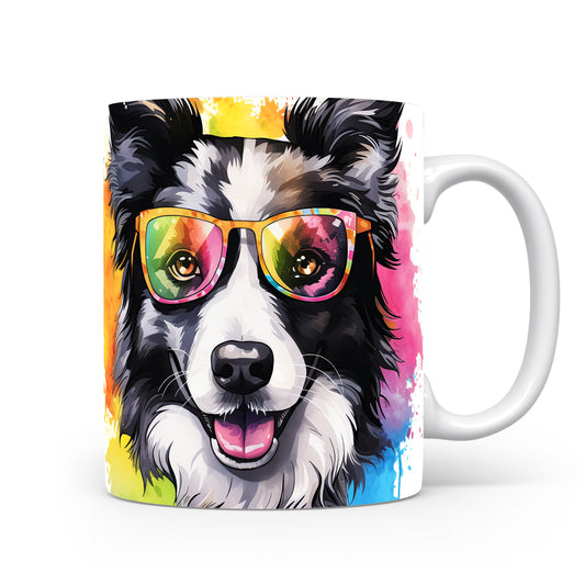 Hrnek s border collie v brýlích – roztomilá digitální ilustrace