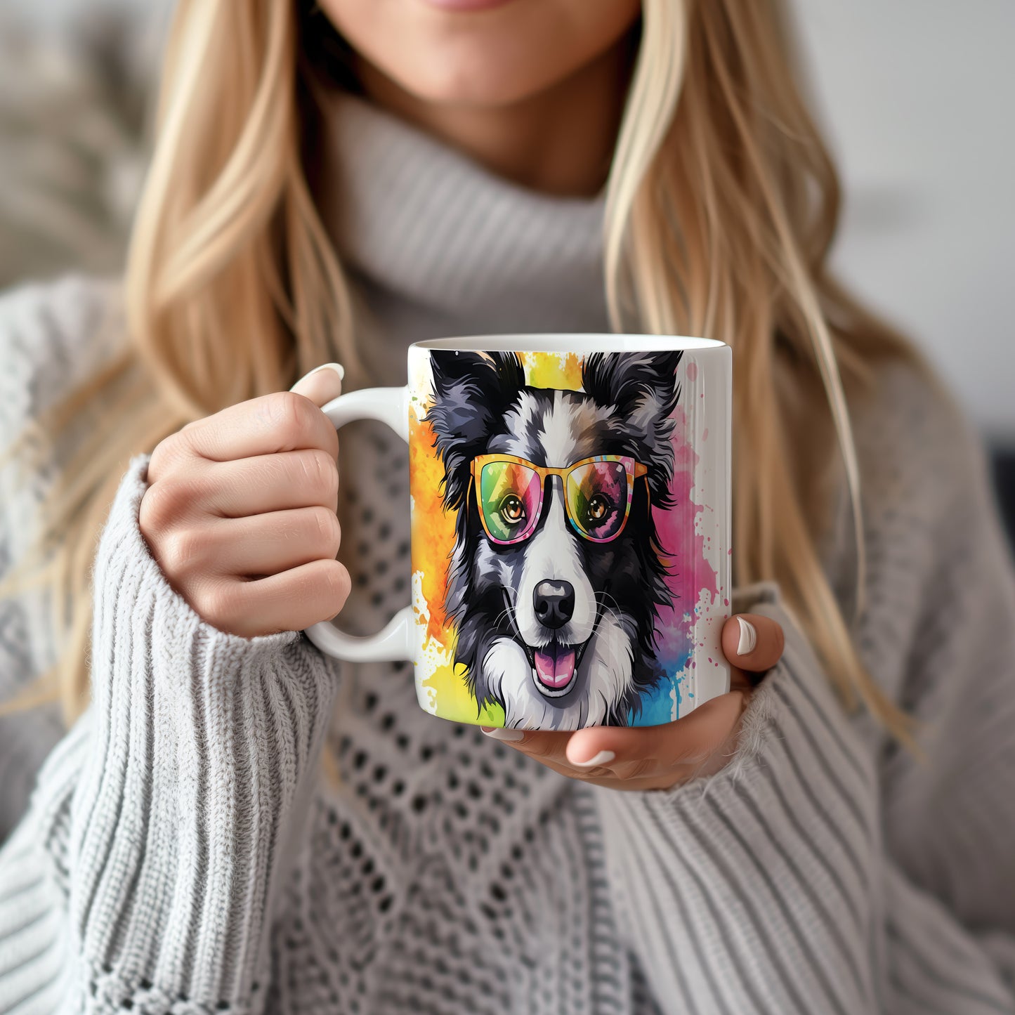Hrnek s border collie v brýlích – roztomilá digitální ilustrace