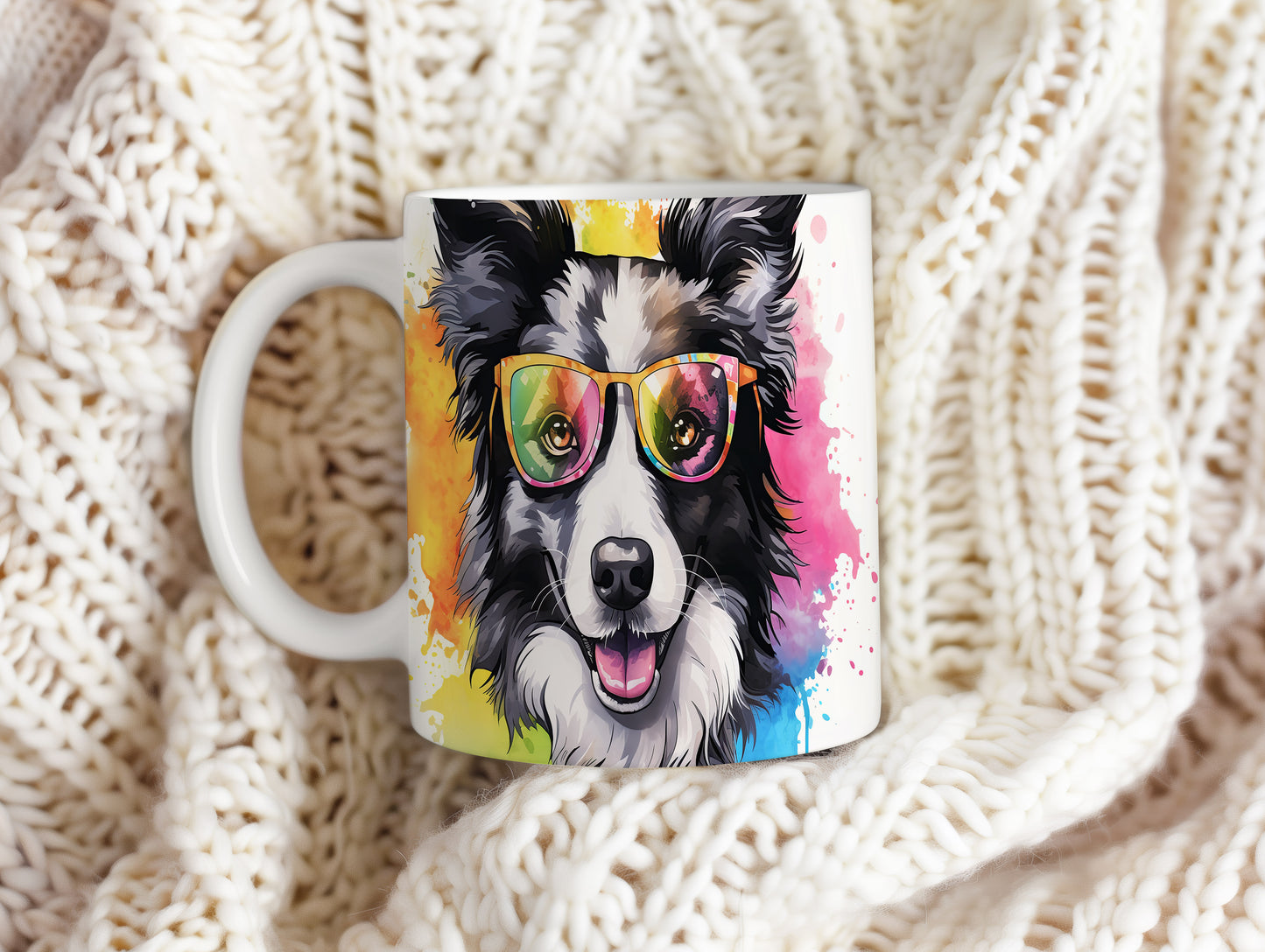 Hrnek s border collie v brýlích – roztomilá digitální ilustrace