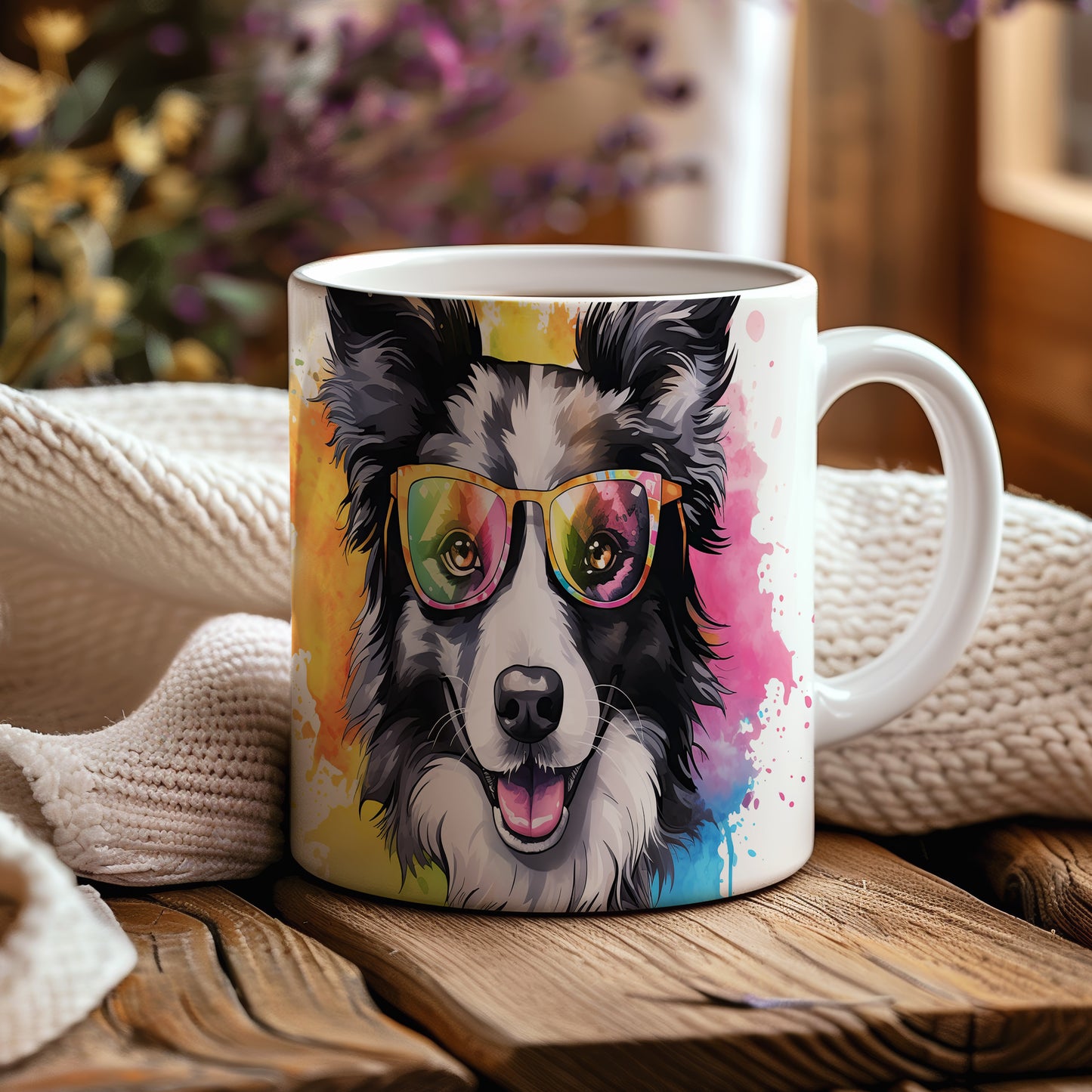 Hrnek s border collie v brýlích – roztomilá digitální ilustrace