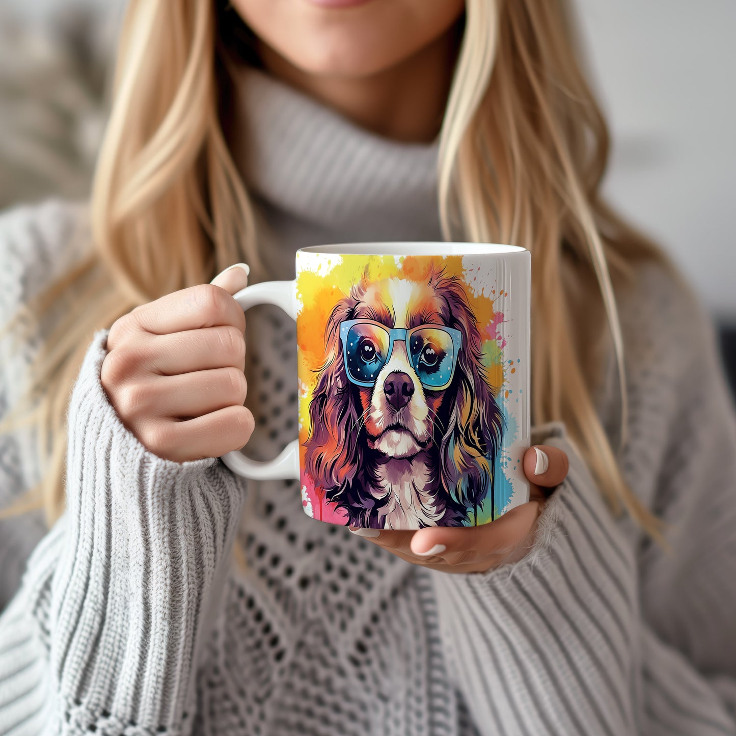 Hrnek s roztomilým cavalierem v brýlích – digitální ilustrace