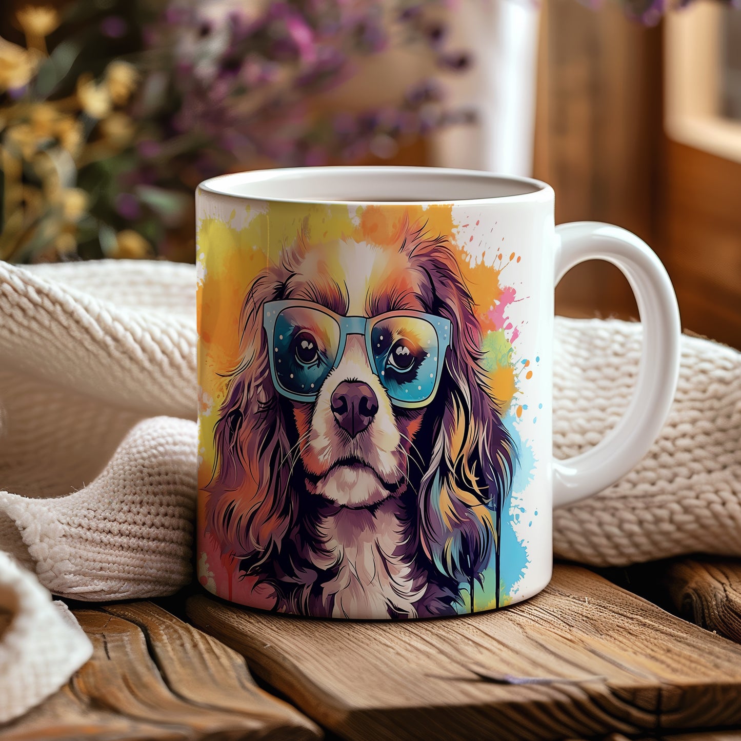 Hrnek s roztomilým cavalierem v brýlích – digitální ilustrace