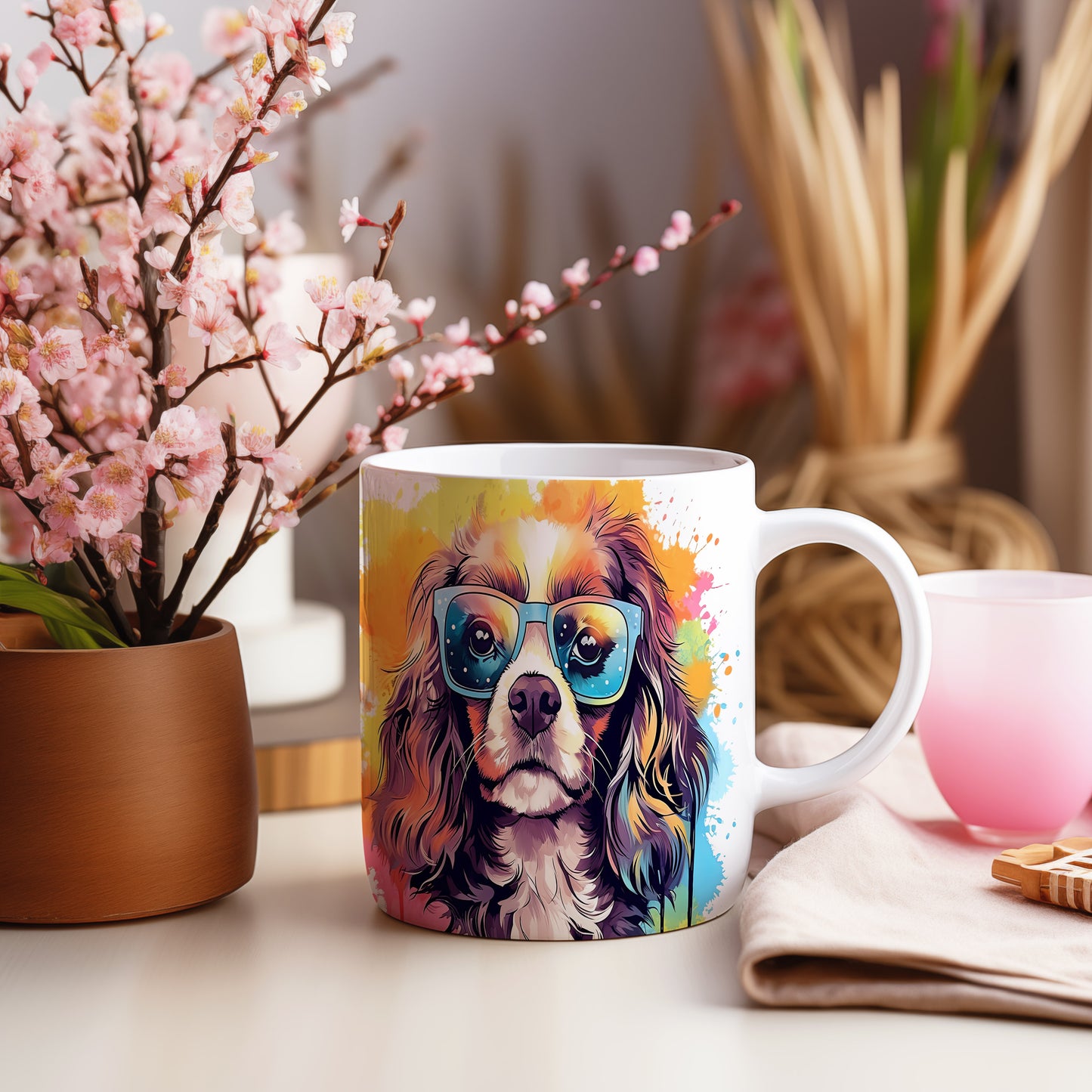 Hrnek s roztomilým cavalierem v brýlích – digitální ilustrace