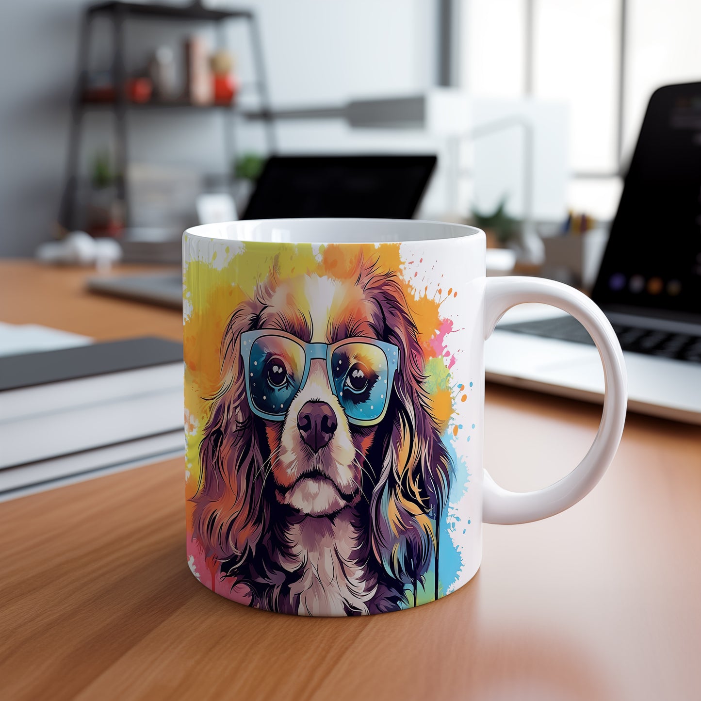 Hrnek s roztomilým cavalierem v brýlích – digitální ilustrace